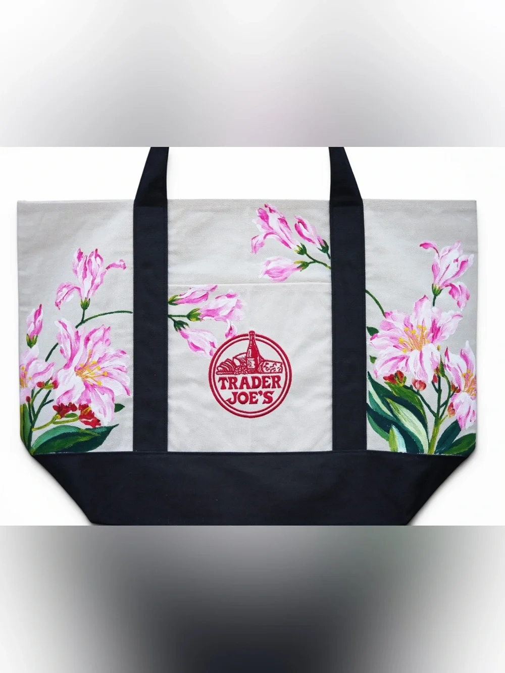 Hand Painted Trader Joe’s Canvas Tote Bag Pink Lily Floral Large Navy Blue